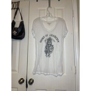 Sons of Anarchy Women Graphic Tee Size XL White Skull Reaper Logo Stretch Biker